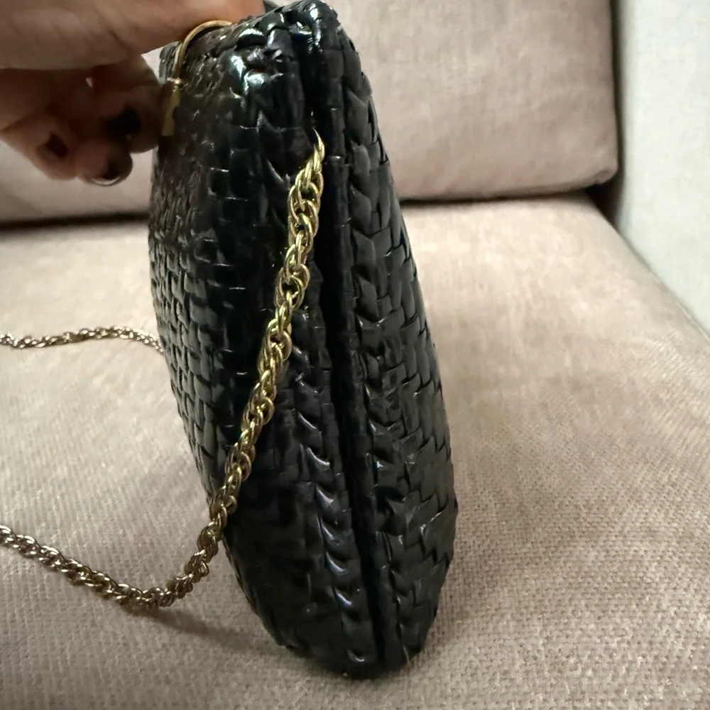 Vintage Rodo Black Lacquer Wicker Bag with gold tone chain Strap